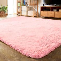 a living room with a large pink rug on the floor