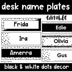 black and white name plates with dots