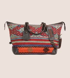 Kilim Weekender Bag - RES IPSA Luxury Woven Bags For Travel, Rectangular Woven Satchel For Travel, Woven Rectangular Satchel For Travel, Vintage Rectangular Weekender Bag For Weekend Trips, Vintage Weekender Bag With Leather Trim For Daily Use, Vintage Duffle Bag With Adjustable Strap For Travel, Leather Trim Tote Travel Bag, Leather Trim Duffle Tote Bag For Trips, Travel Tote Bag With Leather Trim