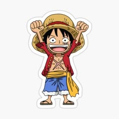 one piece character with his arms in the air and eyes wide open, wearing a straw hat