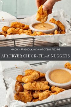 two baskets filled with chicken nuggets and dipping sauce on top of each other