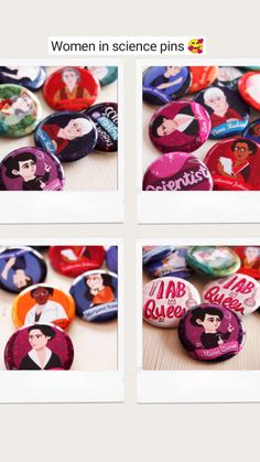 four pictures of buttons with women in science pins on them