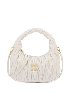 white leather matelassé detail gold-tone logo lettering gold-tone hardware single top handle adjustable detachable shoulder strap top zip fastening main compartment internal slip pocket internal logo plaque Tas Bahu, Sacs Design, Miu Miu Bag, Hobo Crossbody Bag, Baby Monster, Satin Bags, Mini Handbags, Handbag Straps, Van Cleef Arpels