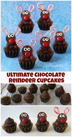 chocolate reindeer cupcakes with candy canes and candies