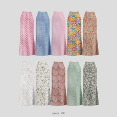 six different styles of women's skirts in various colors and patterns, with the same pattern