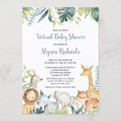 a baby shower with jungle animals and giraffes on the front is shown