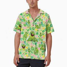 K The Frog Hawaiian Shirt, The Tropical Hawaii Shirt Spring Cartoon Print Relaxed Fit Shirt, Casual Relaxed Fit Shirt With Cartoon Print, Funny Cartoon Print Summer Shirt, Casual Green Tops With Cartoon Print, Funny Cartoon Print Shirt For Summer, Green Casual Top With Cartoon Print, Casual Green Top With Cartoon Print, Funny Summer Shirt With Cartoon Print, Green Graphic Print Camp Shirt For Spring