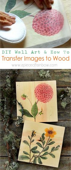 two pictures with flowers painted on them and the words, diy wall art & how to transfer images to wood