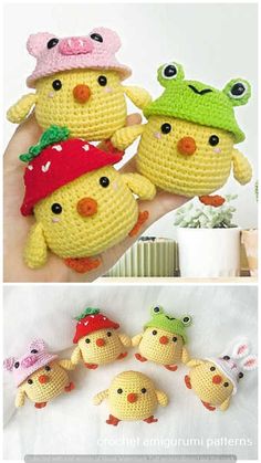 crocheted stuffed animals are shown in three different pictures, one is yellow and the other is green