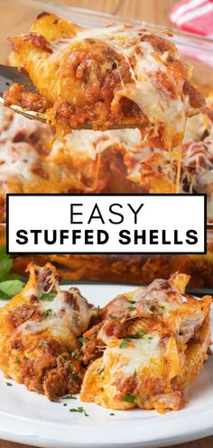 easy stuffed shells on a plate with text overlay