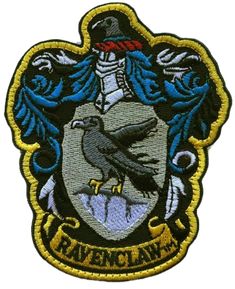 the harry potter crest patch is shown in blue and yellow, with an image of a raven