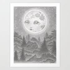 a black and white drawing of a cat's face in front of a full moon