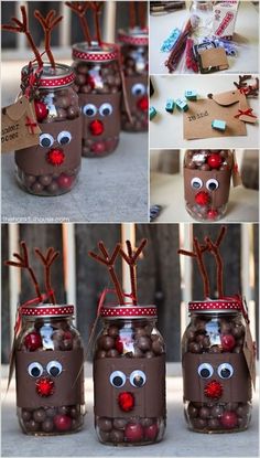 the mason jar is decorated to look like reindeers and has chocolate balls in it