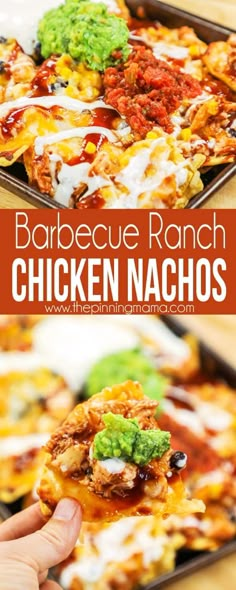 this barbecue ranch chicken nachos is loaded with cheese, broccoli and sauce