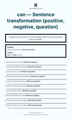 a question sheet with the words can - sentence transformation positive, negative and negative