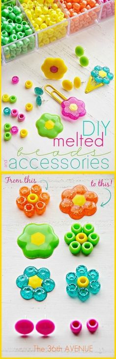 an assortment of different colored buttons and pins on a white surface with text overlay that says, diy melted accessories