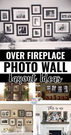 the fireplace is surrounded by pictures and frames