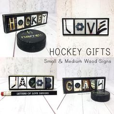 hockey gifts for small and medium wood signs are displayed on a white wooden surface with the words hockey spelled out