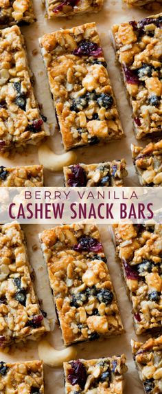 berry vanilla cashew snack bars cut into squares and stacked on top of each other