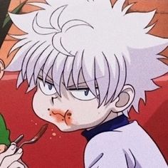 an anime character with white hair is eating something out of his hand and looking at the camera