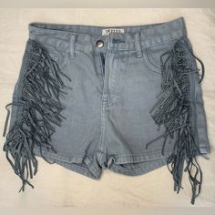 Twelve By Ontwelfth Size S Never Worn - Excellent Condition Trendy High Rise Fringe Shorts, Fitted Blue Bottoms With Fringe, High Rise Fringe Shorts For Summer, Blue Fringe Shorts For Spring, Blue Cotton Bottoms With Fringe, High Rise Fringe Jean Shorts For Summer, Fringe Jean Shorts, Fringe Jeans, Short Fringe