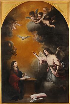 the painting depicts an angel and a woman in front of a table with a dove on it