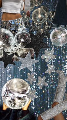 a collage of disco balls, stars and other objects in front of a woman's face