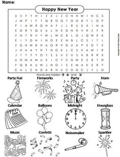 a happy new year word search page with pictures and words to help students learn how to use