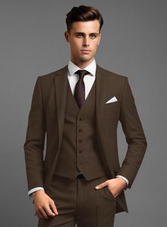 For everyday wear during colder months, there is no finer choice than our Scabal Brown Wool suit. Crafted from pure wool, the scabal suit is a versatile go-to garment that is reliably warm and breathable, drapes well and holds a decent silhouette even after years of use.   Look Includes  Scabal Brown Wool Fabric  Two Button Jacket Style  Notch Lapel  Horn Brown Buttons  Single Vent  Three Cuff Buttons  Two Welted Back Pockets on Trousers    Click 'Customize Now' to modify the look if needed. Brown Wool Suit, Grey Tweed Suit, Herringbone Tweed Jacket, White Linen Suit, Green Velvet Jacket, Peaky Blinders Suit, Royal Blue Suit, Blue Chinos, Beautiful Suit