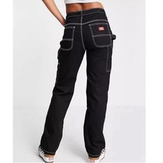 Dickies Carpenter Pants- Black With White Stitching. Utility Pockets. Size 26. Never Worn, In Perfect Condition. Black High-waisted Work Pants With Pockets, Mid-rise Black Cargo Pants For Workwear, Mid-rise Black Work Pants With Pockets, Black Mid-rise Work Pants With Pockets, Black Mid-rise Cotton Work Pants, Dickies Women, Dickies Pants, Utility Pockets, Grunge Look