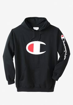 Champion® Large Logo Hoodie | King Size Sportswear Fleece Hoodie With Logo Print, Logo Hoodie For Fall, Fall Hoodie With Logo, Fall Logo Hoodie Tops, Sports Hoodie With Logo Print For Fall, Sportswear Hoodie With Logo Print, Fall Sports Sweats With Logo Print, Logo Cotton Hoodie For Fall, Hooded Logo Tops For Fall