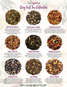 a poster with different types of teas and their names on it's side