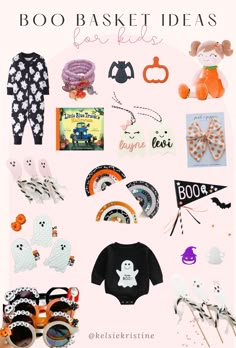 a bunch of items that are on top of a pink background with the words boo basket ideas