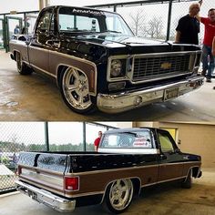 two pictures of a black and brown truck