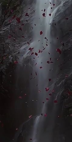 red petals floating in the air near a waterfall