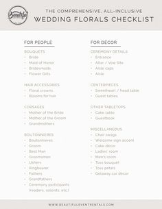 the complete list for wedding florals checklist is shown in white and gray colors