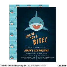 a shark birthday party card with the words, join us for a bite