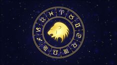 the zodiac sign with a lion's head and numbers in gold on a dark blue background