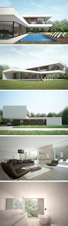 three different views of a house with pool in the middle and grass on the other side