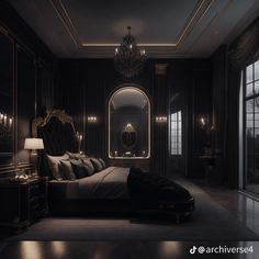 a large bed sitting in the middle of a bedroom next to a window and a chandelier