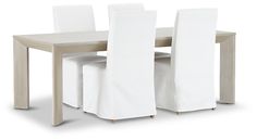 a table and chairs with white covers on them are shown in front of a white background