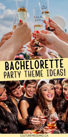 bachelor party theme ideas with champagne flutes and friends toasting in the background text reads bachelor party theme ideas culturewedding ca