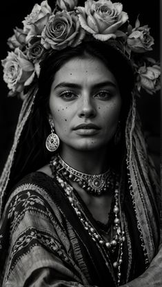 black and white photograph of a woman wearing flowers in her hair, with jewelry on her head