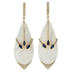 18KT:10.645g,D:1.06ct, MOP:36.82ct,SAPPHIRE:1.50ct, Luxury Formal Pearl Earrings With Mother Of Pearl, Luxury Mother Of Pearl Drop Earrings, Luxury Mother Of Pearl Earrings For Formal Occasions, Luxury Oval Pearl Earrings, Luxury White Oval Earrings, Formal White Gold Mother Of Pearl Earrings, Luxury Marquise Diamond Earrings, Luxury Mother Of Pearl Wedding Earrings, Luxury Mother Of Pearl Earrings For Wedding