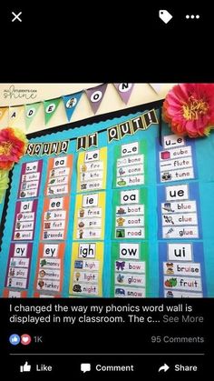 an image of a classroom bulletin board with words on it and flowers in the background