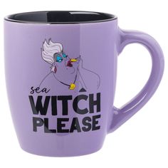 a purple coffee mug that says, see a witch please