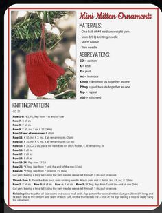 a knitted mitt ornament hanging from a christmas tree with instructions to make it