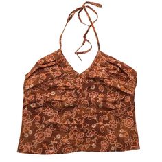 J. Crew Women’s V-Neck Halter Top In Vintage Vines Print Fall 2022 Style #Bl085 Color: Bpe Burnished Pecan Copper Rust Brown, Pink, Orange, Off White, And Tan Floral Vine Print. Halter Neckline With Rear Neck Tie Closure. Rear Smocked Panel. Pullover Style. No Zipper. Shorter, Cropped Length. Lightweight Woven Fabric. 100% Cotton. Machine Wash Cold. Tumble Dry Low. Condition: Never Worn. New With Tag. Smoke Free. Size: 12 Measurements (Flat Across): Underarm To Underarm 17.5” Hem Sweep 17.5” Length (Down Side Seam, Underarm To Hem) 10" J. Crew Says The Length From The Tie Neck Is About 20” Brown V-neck Summer Top, Summer Brown V-neck Top, Fitted Burnt Orange Top For Summer, V Neck Halter Top, 2022 Style, J Crew Women, Closet Inspiration, Silk Tank Top, Red Tank Tops