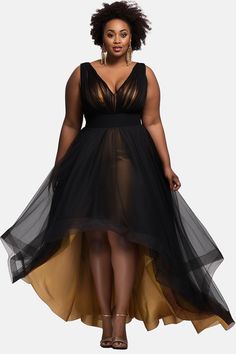 Xpluswear Design Plus Size Formal Black V Neck High Low Hem Fold Tulle Midi Dresses Xpluswear Plus Size Gala Dress, Black Tie Event Dresses, Tulle Midi Dress, Elegant Mini Dress, Plus Size Gowns, Plus Size Cocktail Dresses, Plus Size Formal, Plus Size Party Dresses, Elegant Dresses Classy