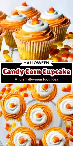 halloween candy cupcakes with white frosting and orange candies